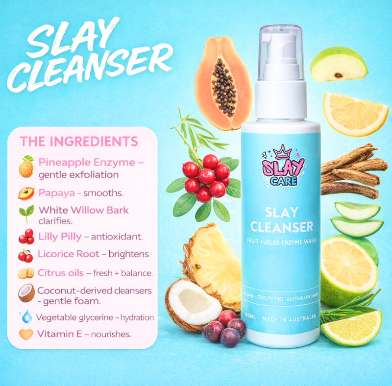 Slay Cleanser product with ingredients listed on a blue background